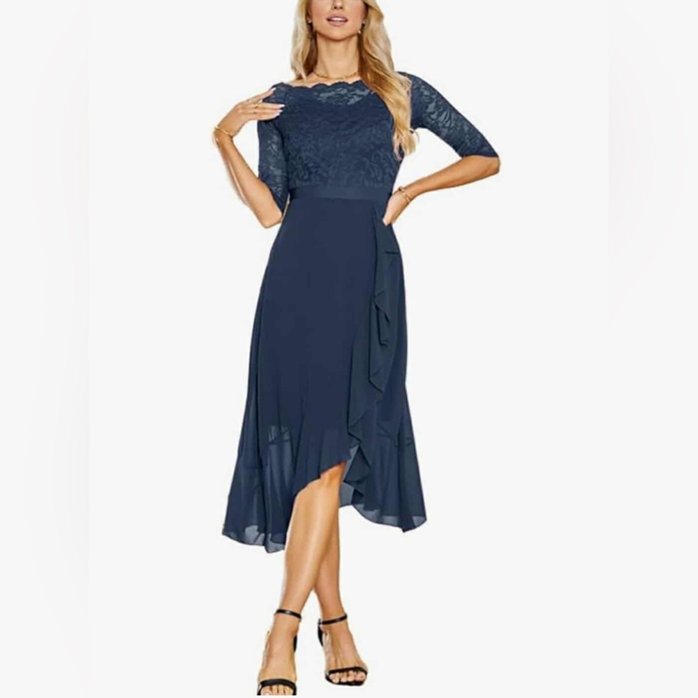 Women's Lace Floral Short Sleeve Crew Neck Knee Length A Line Summer Dress